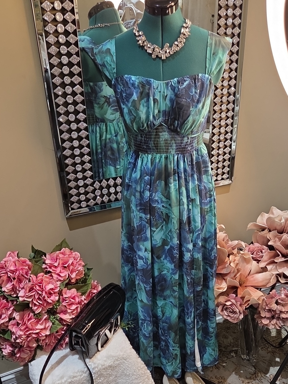 Nwt S Sleeveless Blue-Green Floral Maxi Dress